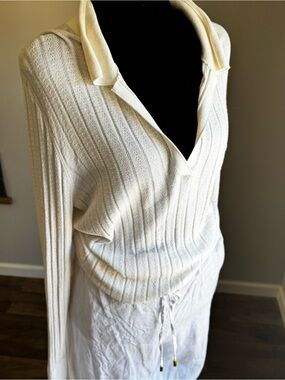 LOFT Cream Ribbed V-Neck Sweater with Polo Collar